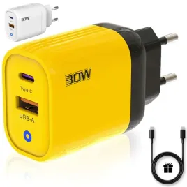 3-stars-ladowarka-usb-30w-2-porty-usbc-usba-szybkie-ladowanie-qc-30-zolta