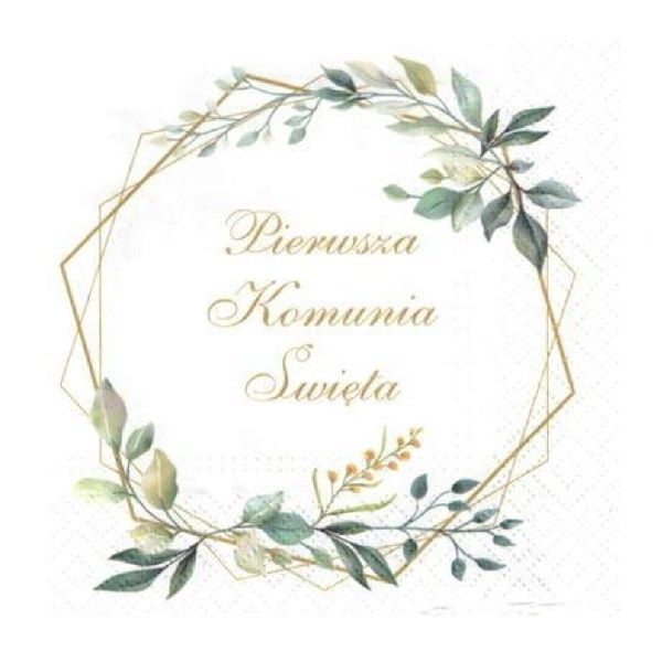 SERWETKI na KOMUNIE pierwsza KOMUNIA gałązki BOHO liście w ramie 33 x 33 cm