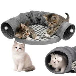 legowisko-dla-kota-tunel-2w1-pluszowe-miekkie-domek-z-pomponami-szare