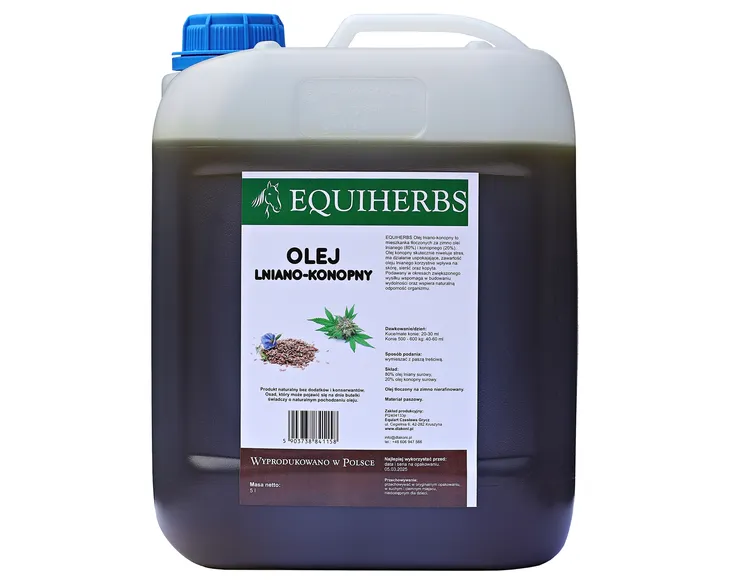 Olej lniano-konopny 5 kg Equiherbs sierść kopyta uspokaja nerwy i stres