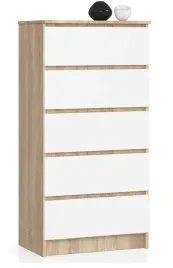 komoda-do-salonu-waska-60-cm-5-szuflad-szafka-bezuchwytowa-dab-sonoma-biala