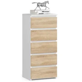 komoda-wysoka-do-salonu-cl5-40-cm-5-szuflad-szafka-waska-biala-dab-sonoma