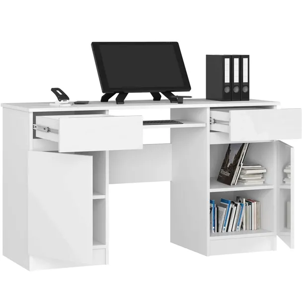 biurko-komputerowe-a5-135-cm-2-drzwi-2-szuflady-5-polek-biale-bialy-polysk-stan-nowy