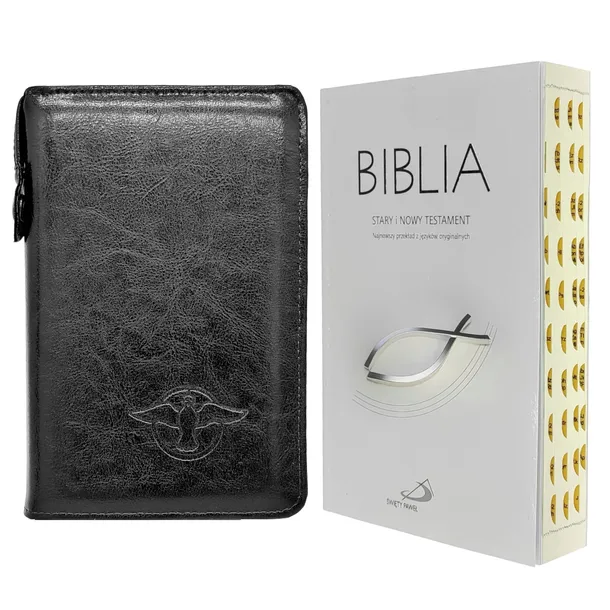 Biblia Szara z Rybką paginowana w czarnym etui
