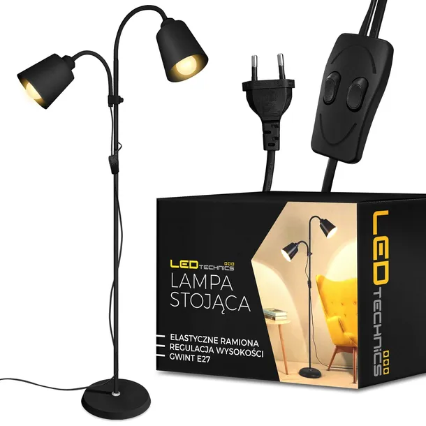 Lampa Stojąca Podłogowa Czarna Regulowana 170cm na 2x E27 LED + Włącznik