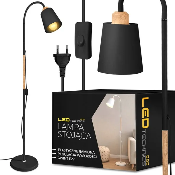 Lampa Stojąca Podłogowa Czarna Regulowana Drewno 170cm na E27 LED Włącznik