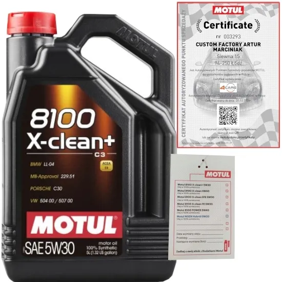 MOTUL 8100 X-CLEAN EFE 5W30 C2/C3 10L BMW LL-04 VW 505 00 + ZAWIESZKA