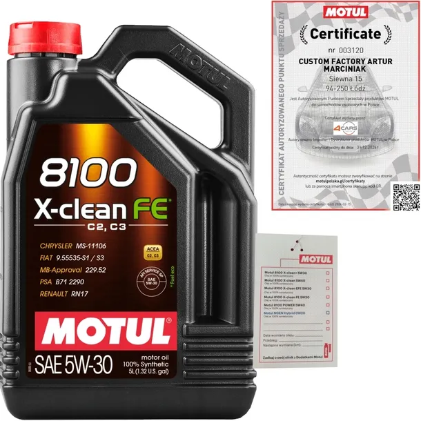 MOTUL 8100 X-CLEAN FE 5W30 C2/C3 5L RENAULT RN17 PSA B71 2290 + ZAWIESZKA