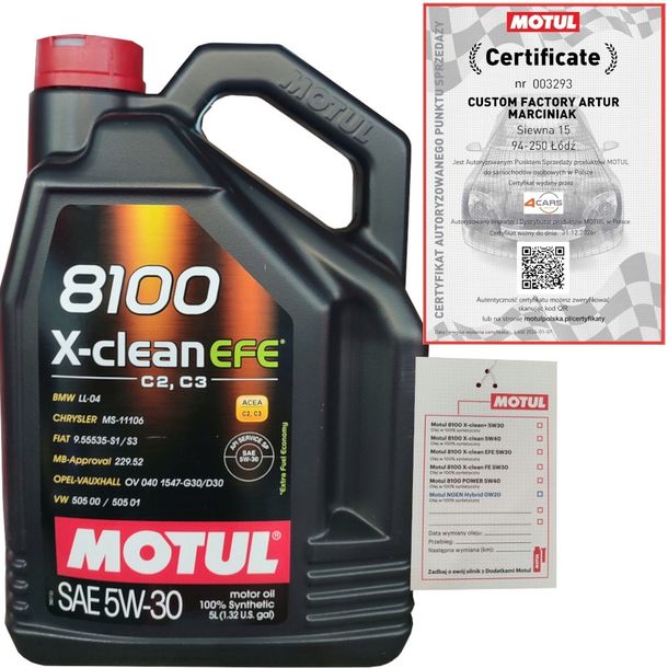 MOTUL 8100 X-CLEAN EFE 5W30 C2/C3 5L BMW LL-04 VW 505 00 + ZAWIESZKA