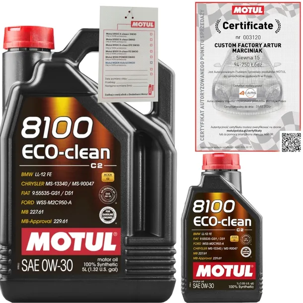 MOTUL 8100 ECO-CLEAN 0W30 6L FORD WSS-M2C950-A BMW LL-12 FE + ZAWIESZKA