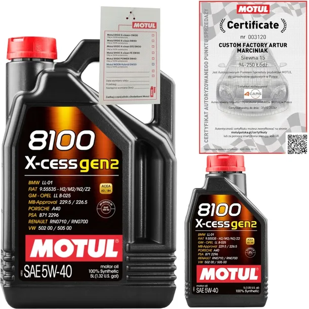 MOTUL 8100 X-CESS GEN2 5W40 6L BMW LL-01 VW 502 00/ 505 00 + ZAWIESZKA