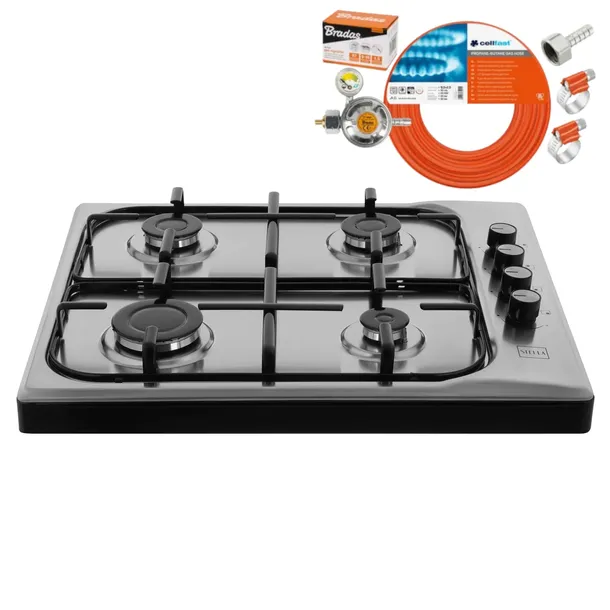 Kuchenka Gazowa Nablatowa INOX STELLA 4 Palniki + Zestaw LPG do Butli 11kg