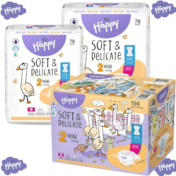 Pieluszki Bella Baby Happy rozmiar 2 MINI (3-6kg) 2x78szt. = 156szt.