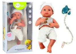 lalka-bobas-w-bialo-szarym-ubranku-czapeczka-smoczek-kolderka