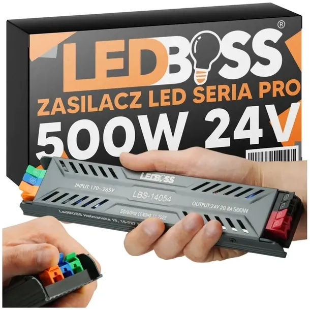 ZASILACZ 24V 500W ULTRA SLIM PRO TRANSFORMATOR TAŚM LED Z ZACISKAMI LEDBOSS