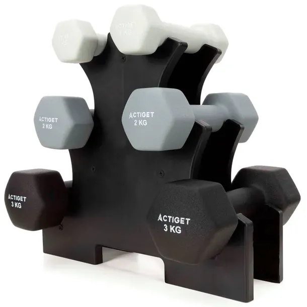 Hantle na stojaku zestaw 6 szt. obciążenia 1 kg, 2 kg, 3 kg do fitnessu, tr