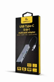 gembird-multi-adapter-usb-typ-c-5w1-hub-hdmi-pd-dzwiek-stereo-srebr