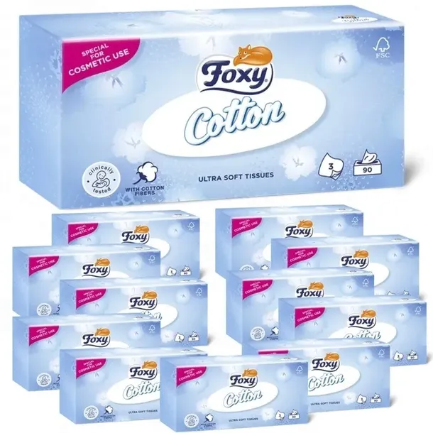 Chusteczki Foxy Cotton Ultra miękkie 3 warstwy 90 sztuk x 12 opakowań
