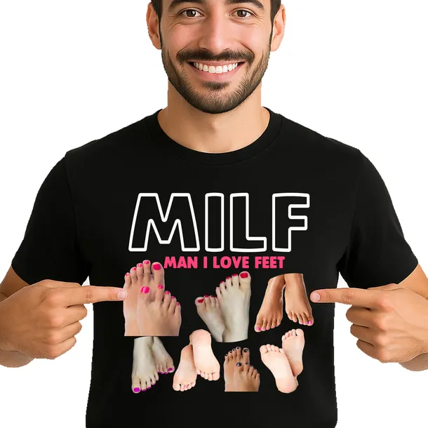 ŚMIESZNA KOSZULKA MĘSKA MILF MAN I LOVE FEET KOCHAM STOPY M 3519 CZARNA