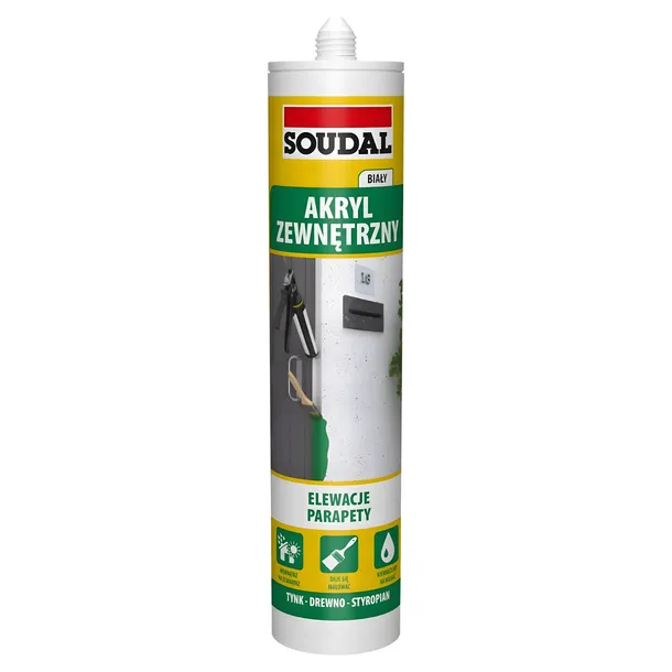 Akryl zewnętrzny Soudal biały 280 ml uszczelniacz akrylowy trwały do wnętrz