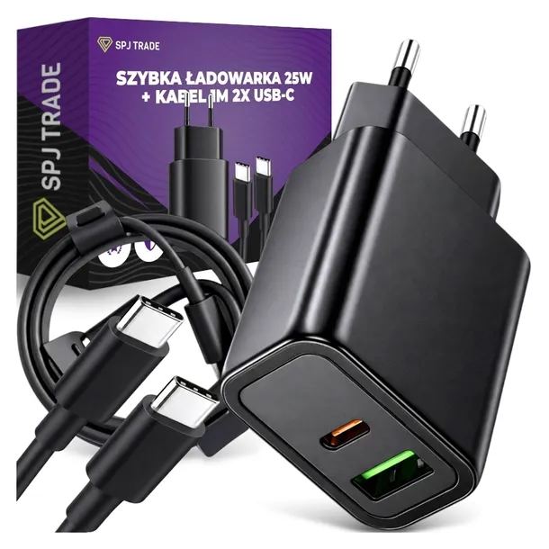 ŁADOWARKA SIECIOWA 20W KABEL USB-C USB-A 1m ZESTAW CZARNA SZYBKA KOSTKA