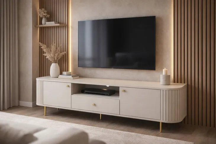 Szafka RTV LAMELLE 321 beż piaskowy |ryflowana |złote dodatki |cichy domyk