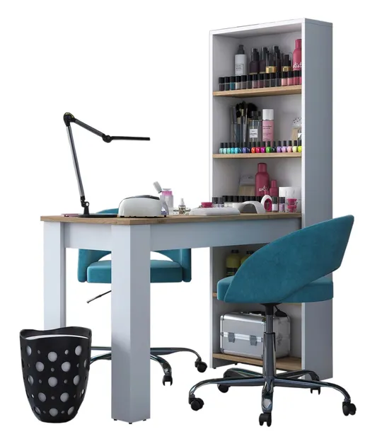 Biurko kosmetyczne Stół roboczy z regałem do manicure białe 120cmx54cm