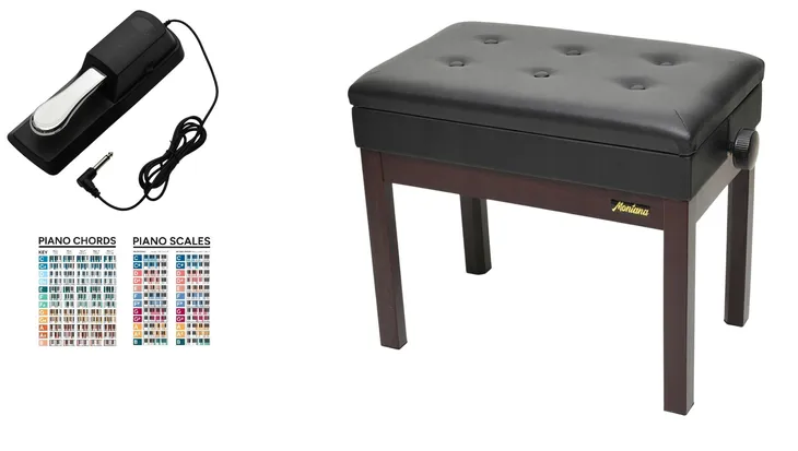 Brązowa ława montana do pianina ze schowkiem + pedał sustain + gratis