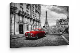 obraz-na-plotnie-canvas-paryz-widok-wiezy-eiffla-czerwony-samochod-70x80