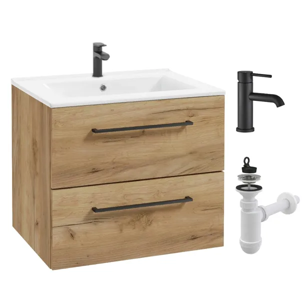 Szafka do Łazienki z Umywalką 50 Dąb Złoty SoftClose Wisząca Bateria Czarna