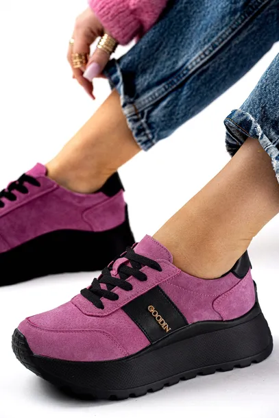 Różowe skórzane sneakersy damskie na platformie 41