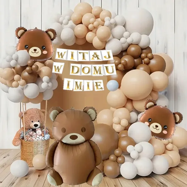 BALONY WITAJ W DOMU BRĄZOWE BIAŁE BOHO GIRLANDA BALONOWA MIŚ POWITANIE