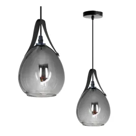 lampa-sufitowa-wiszaca-szare-lustrzane-szklo-loft-czarny-skorzany-pasek-e27