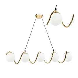 lampa-sufitowa-wiszaca-zlota-nowoczesna-spirala-biale-mleczne-kule-5x-e14
