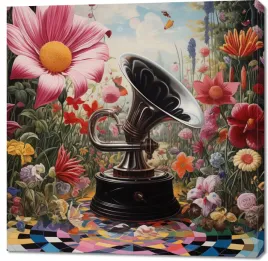 obraz-100x100cm-gramofon-w-kwiatach