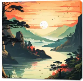 obraz-100x100cm-zachodzace-slonce-nad-spokojnym-jeziorem