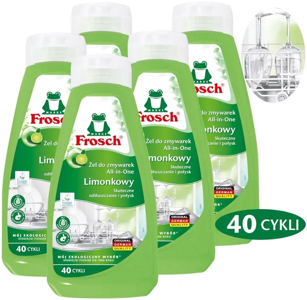 FROSCH Ekologiczny Żel do Zmywarki ALL in 1 Limonka 650ml 40 Zmywań x5