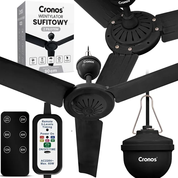 WENTYLATOR SUFITOWY Z WIATRAKIEM CICHY CZARNY WIATRAK 90cm + PILOT TIMER