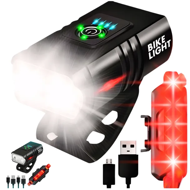 Zestaw Lampek Rowerowych LED Przód + Tył Akumulator USB MOCNE ŚWIATŁA ROWER