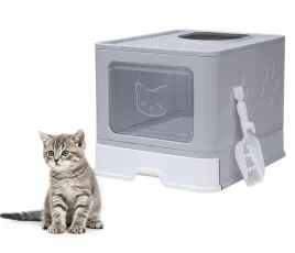 kuweta-dla-kota-zamknieta-kryta-szara-duza-z-szuflada-lopatka-na-zwirek