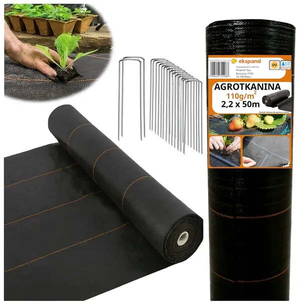 AGROTKANINA 110g 2,2x50m AGROWŁÓKNINA czarna UV antychwastowa mata +SZPILKI