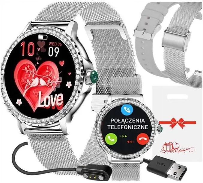 Damski smartwatch z cyrkoniami Elegancki dla kobiety Rozmowy Powiadomienia
