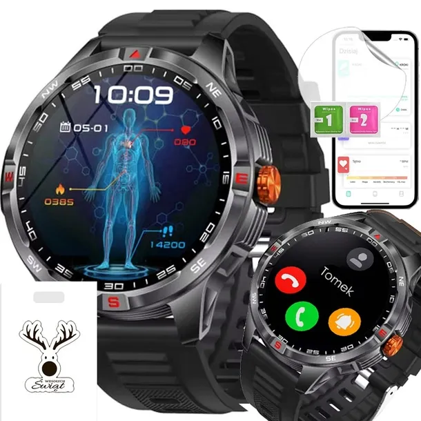 Smartwatch męski rozmowy mocna bateria kompas duży ekran pomiary zdrowotne