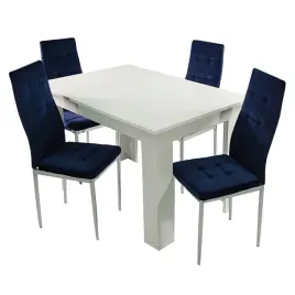 stol-modern-120-bialy-i-4-krzesla-monako-velvet-granatowe