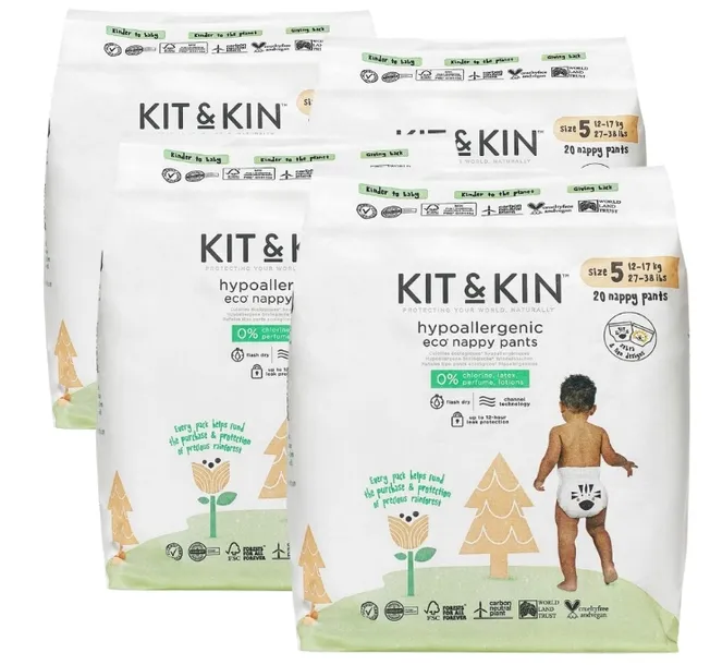 Zestaw 4x Pieluchomajtki Dla Dzieci hipoalerg. Kit&Kin, Rozmiar 5 (12-17kg)