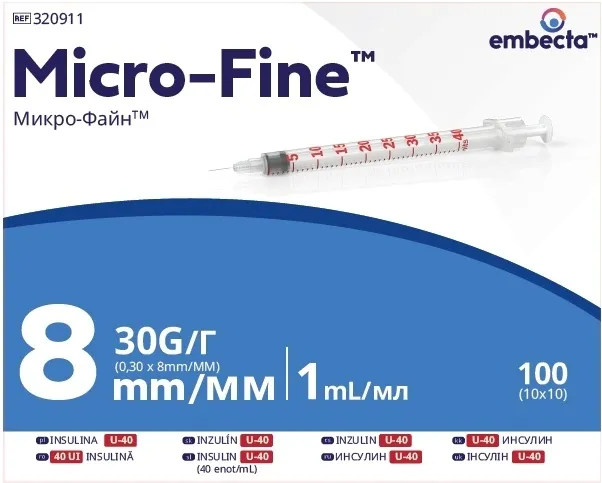 Strzykawki insulinowe BD EMBECTA Micro Fine 1ml U-40 30G 0,3 x 8mm 100 szt