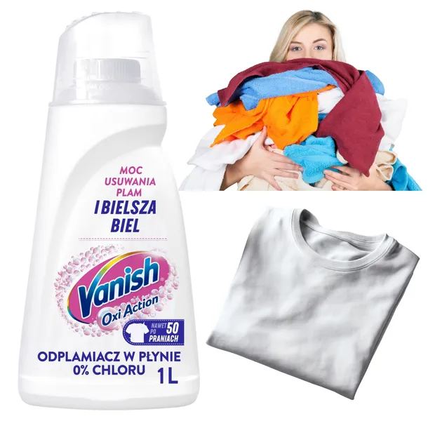 Vanish White Płyn Odplamiacz Szybkie Skuteczne Usuwanie Plam Zabrudzeń 1l