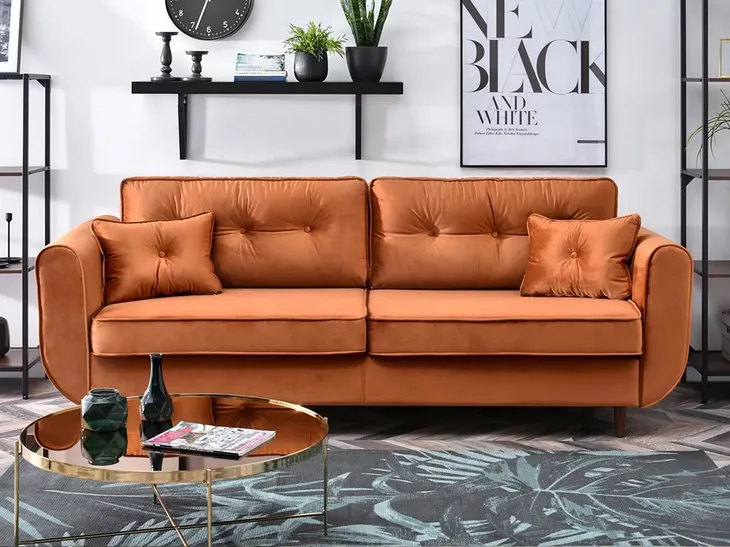 WYGODNA WELUROWA SOFA ROZKŁADANA Z PIKOWANIEM BLINK MIEDZIANA