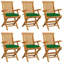 krzesla-ogrodowe-zielone-poduszki-6-szt-drewno-tekowe