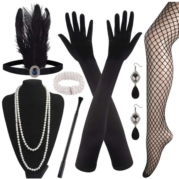 ZESTAW RETRO LATA 20 FLAPPER DAMSKI OPASKA KORALE PRZEBRANIE KARNAWAŁ BAL